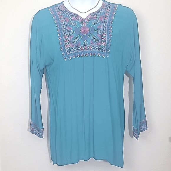 Tunic long sleeve flowy Embroidered Geometric Print 100% cotton Turquoise Teal - Picture 1 of 5